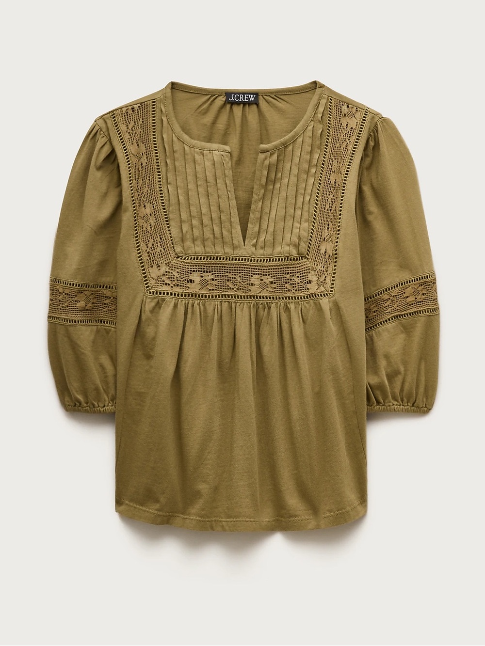 J.Crew NWT Lace-trim puff-sleeve shirt in broken-in jersey S Small Tuscan Olive